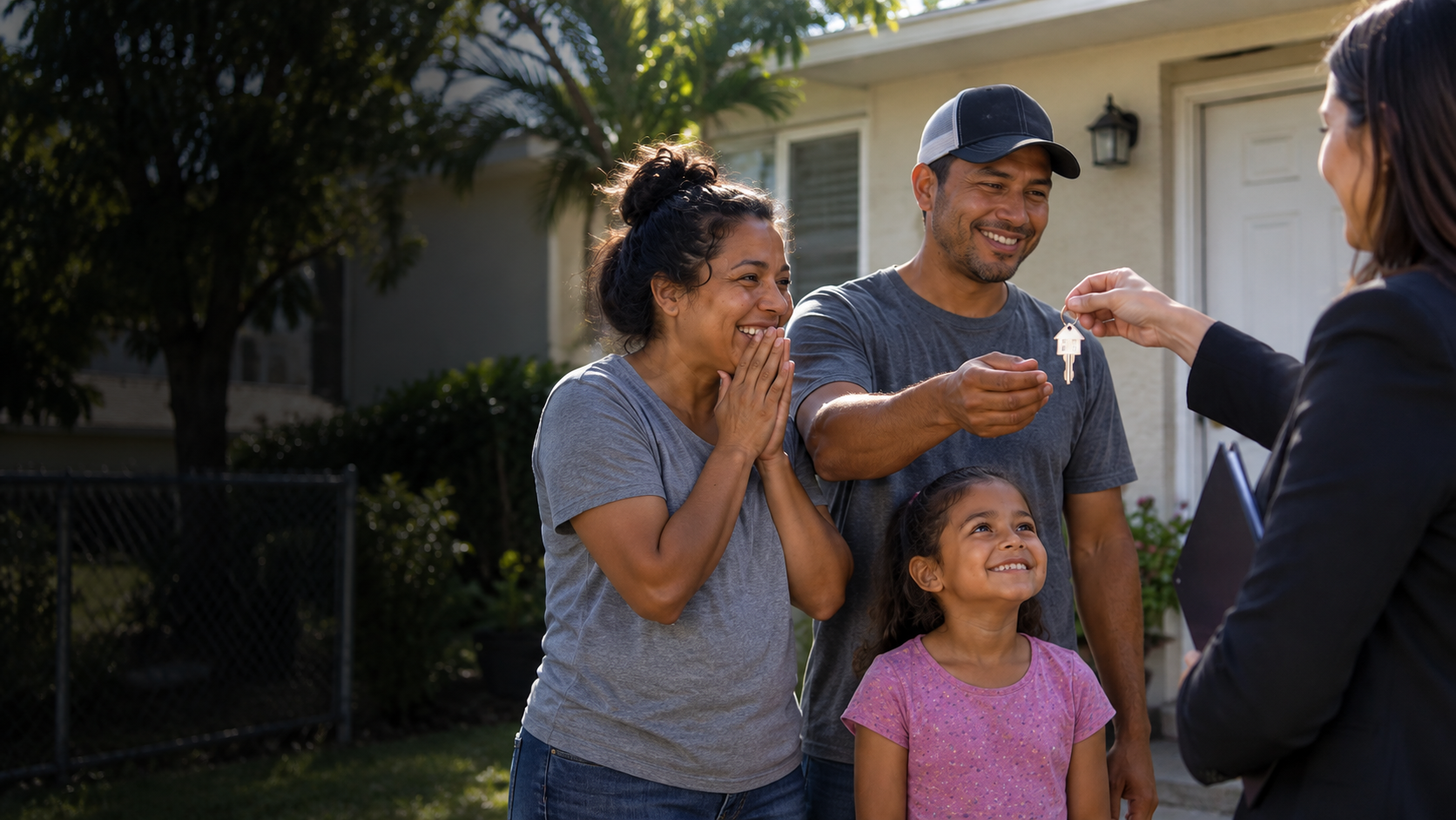 A family receiving the keys to their new home
